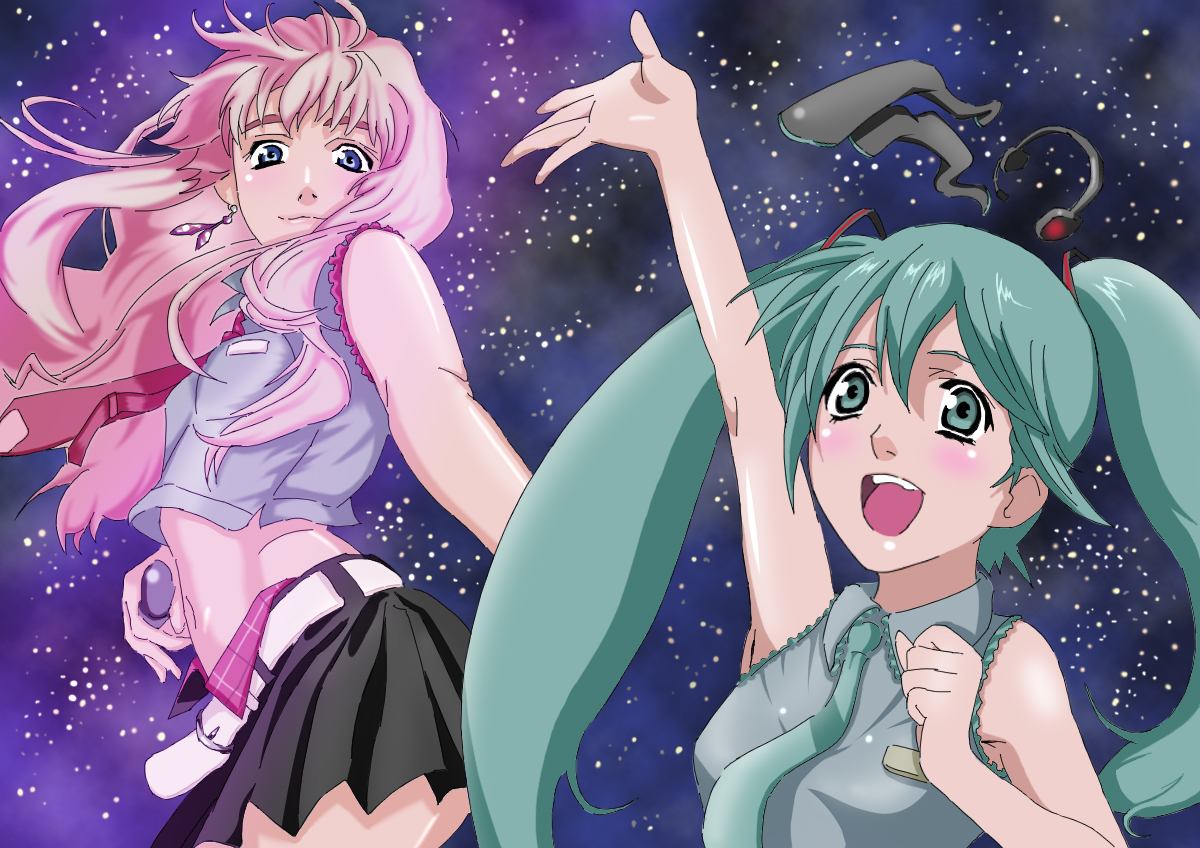 ryodafone3g, hatsune miku, ranka lee, sheryl nome, macross, macross frontier, vocaloid, bad id, bad pixiv id, 2girls, blue eyes, cosplay, green eyes, green hair, hatsune miku (cosplay), headset, microphone, midriff, multiple girls, necktie, pink hair, skirt, twintails
