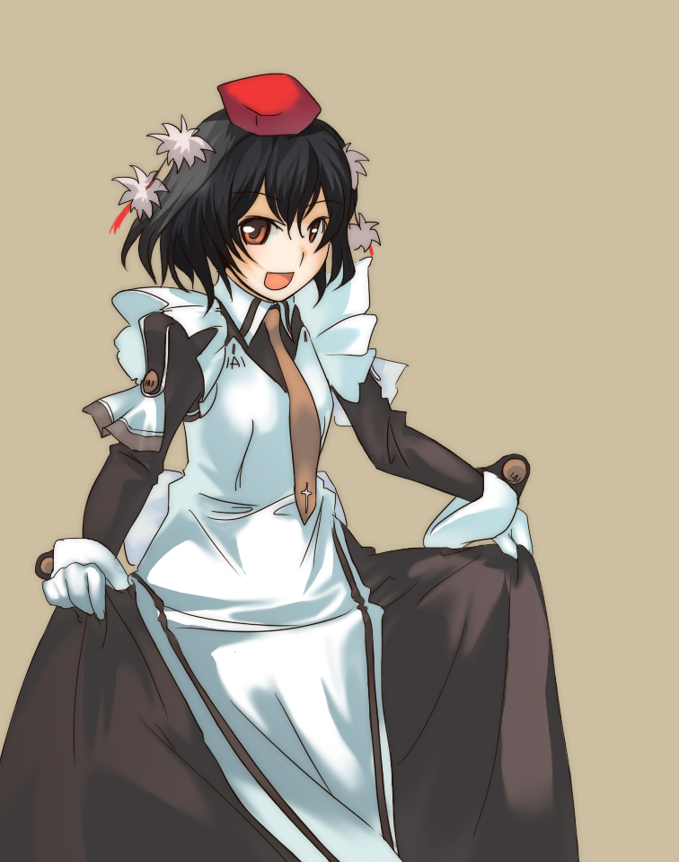 fuduki, fuzuki (sylla), shameimaru aya, touhou, 1girl, alternate costume, black hair, curtsey, enmaided, female focus, gloves, hat, maid, necktie, red eyes, short hair, skirt hold, solo, tokin hat