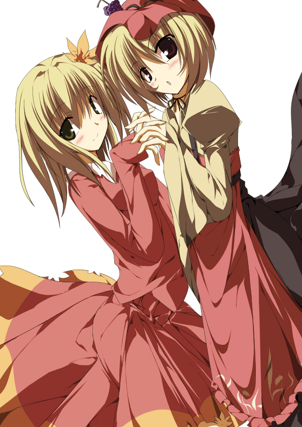 sakurame, aki minoriko, aki shizuha, touhou, 2girls, blonde hair, female focus, hair ornament, hat, leaf, leaf hair ornament, multiple girls, short hair, siblings, sisters