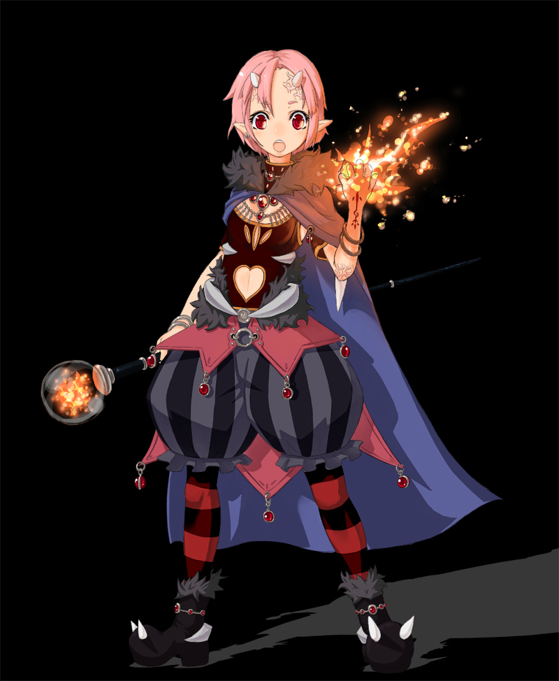 rothe, original, bad id, bad pixiv id, :o, baggy pants, cape, demon girl, horns, magic, oni, pants, pink hair, pointy ears, pumpkin-shaped pants, red eyes, scar, short hair, solo, staff, striped clothes, striped thighhighs, thighhighs, weapon, witch