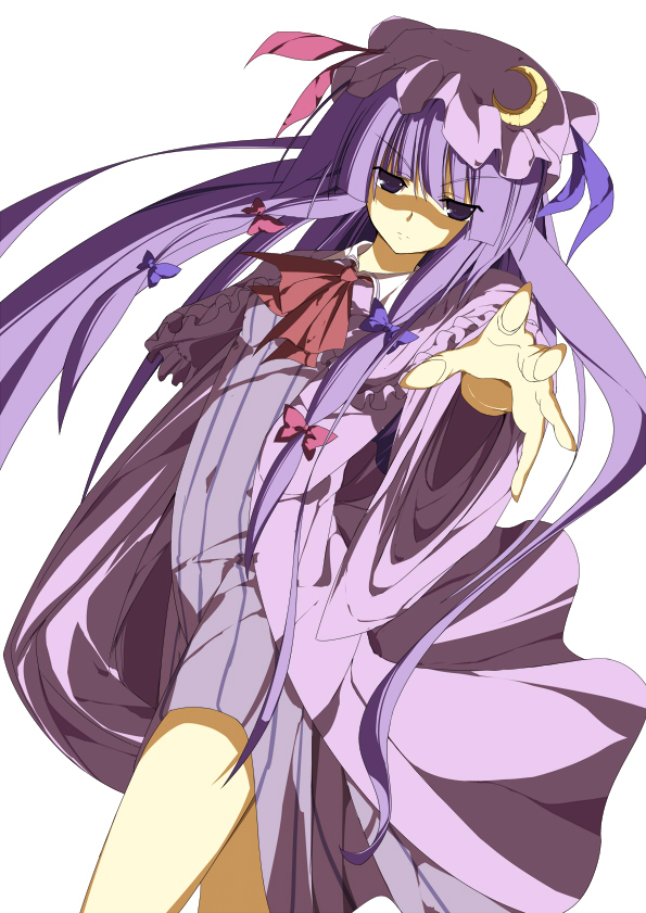sakurame, patchouli knowledge, touhou, 1girl, female focus, hat, long hair, purple eyes, purple hair, ribbon, simple background, solo