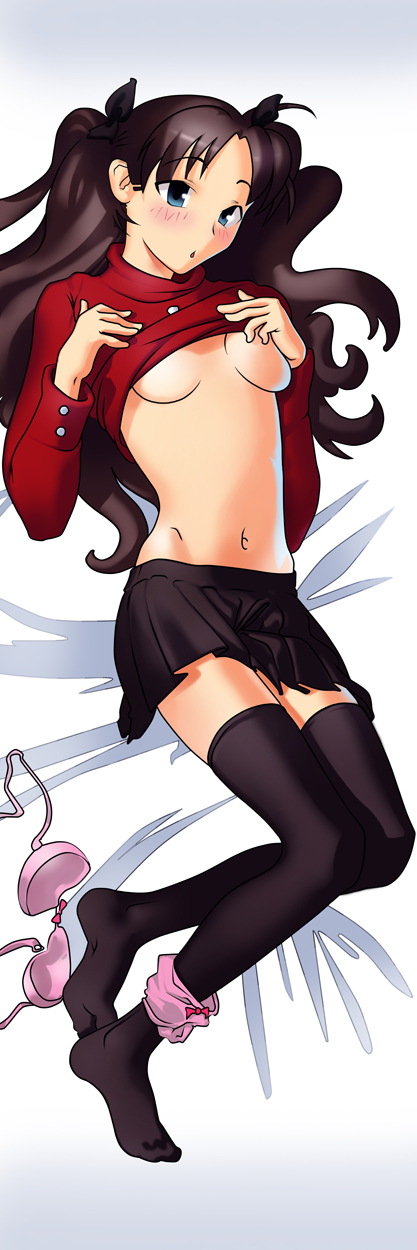 ilya kuvshinov, tohsaka rin, fate/stay night, fate (series), highres, long image, non-web source, tall image, 00s, 1girl, blush, bra, breasts, clothes lift, dakimakura (medium), feet, female focus, full body, legs, lingerie, long hair, long legs, medium breasts, navel, no bra, panties, panties around leg, shirt lift, solo, thighhighs, two side up, underboob, underwear, zettai ryouiki