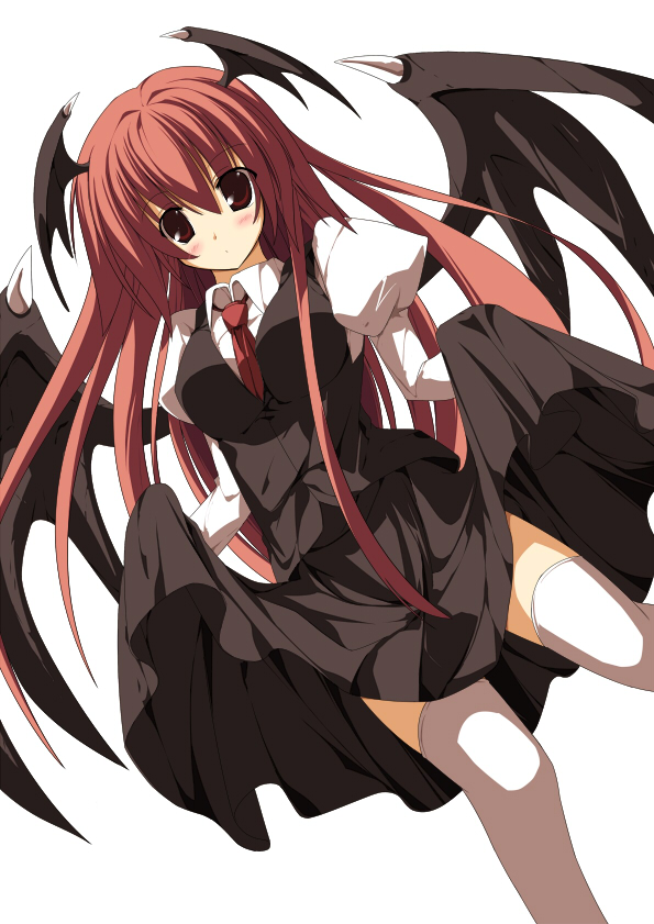 sakurame, koakuma, embodiment of scarlet devil, touhou, 1girl, bat wings, blush, female focus, head wings, long hair, red eyes, red hair, simple background, solo, thighhighs, wings
