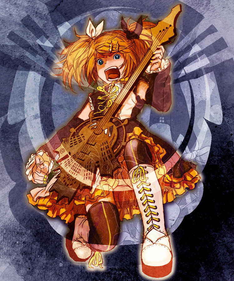 batako, kagamine rin, kagamine rin (reactor), meltdown, roshin yuukai (vocaloid), vocaloid, bad id, bad pixiv id, 1girl, bass guitar, blonde hair, blue eyes, boots, detached sleeves, female focus, frills, gothic lolita, guitar, hair ornament, hair ribbon, hairclip, instrument, lolita fashion, nail polish, open mouth, panties, pantyshot, ribbon, solo, thighhighs, twintails, underwear, upskirt, white panties, yellow nails