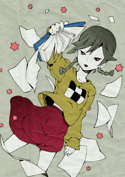 nadashima gy, madotsuki, yume nikki, bad id, bad pixiv id, 1girl, alternate color, book, braid, brown hair, female focus, flying paper, paper, purple skirt, red eyes, skirt, solo, sweater, twin braids