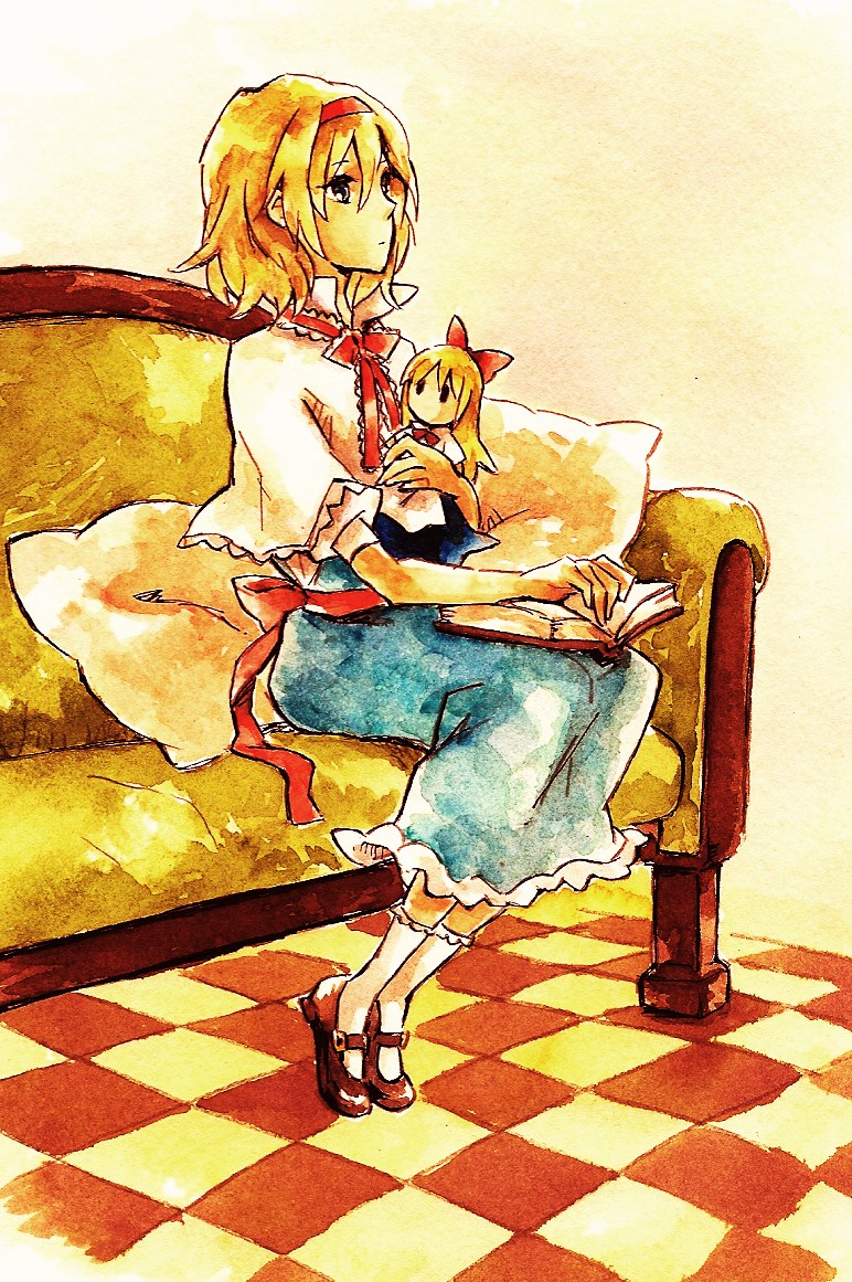 shinoasa, alice margatroid, shanghai doll, touhou, bad id, bad pixiv id, nib pen (medium), painting (medium), pen (medium), traditional media, watercolor (medium), 2girls, blonde hair, book, doll, female focus, full body, hairband, indoors, multiple girls, short hair, sitting, solo