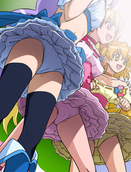 haruyama kazunori, aono miki, cure berry, cure peach, cure pine, momozono love, yamabuki inori, fresh precure!, precure, 00s, 3girls, blonde hair, boots, from below, knee boots, lens flare, lingerie, long hair, magical girl, midriff, multiple girls, panties, petticoat, thighhighs, underwear, upskirt, zettai ryouiki
