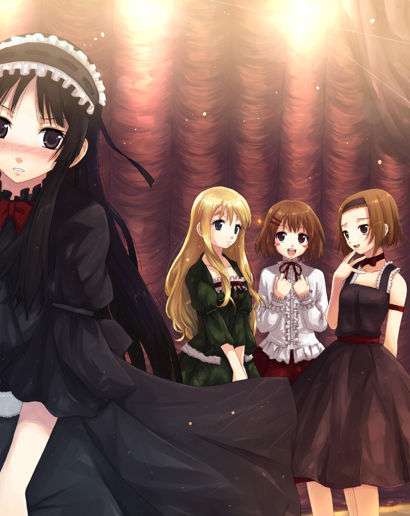 yakka, akiyama mio, hirasawa yui, kotobuki tsumugi, tainaka ritsu, fuwafuwa time, k-on!, lights, bad id, bad pixiv id, 00s, 4girls, black eyes, black hair, blonde hair, blush, brown eyes, brown hair, curtains, dress, frills, gothic lolita, ho-kago tea time, lolita fashion, long hair, multiple girls, short hair