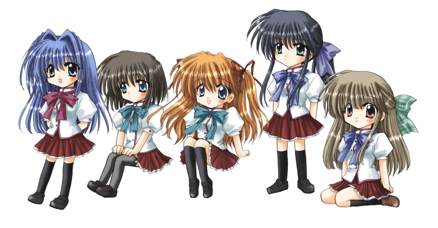 suruga kasune, kawasumi mai, kurata sayuri, minase nayuki, misaka shiori, sawatari makoto, kanon, bad id, bad pixiv id, 5girls, alternate costume, black hair, blue eyes, blue hair, brown eyes, brown hair, chibi, green eyes, long hair, multiple girls, orange hair, school uniform, short hair, thighhighs, twintails