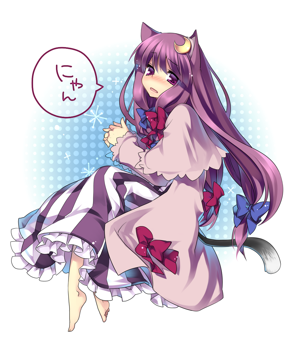masaru.jp, patchouli knowledge, touhou, bad id, bad pixiv id, 1girl, animal ears, barefoot, blush, cat ears, cat girl, cat tail, crescent, crescent hair ornament, feet, female focus, hair ornament, hair ribbon, long hair, no headwear, purple eyes, purple hair, ribbon, solo, tail