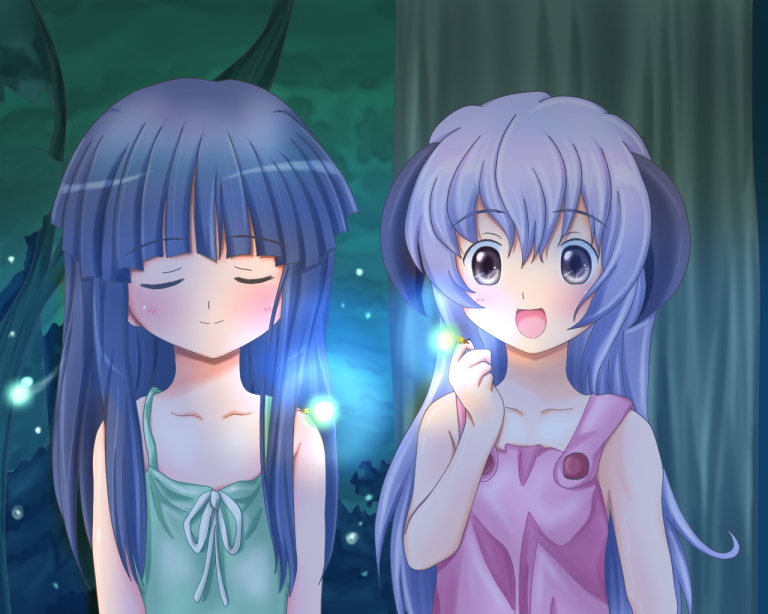 tsukino miyu, furude rika, hanyuu, higurashi no naku koro ni, 00s, 2girls, blue hair, bug, closed eyes, dress, fireflies, firefly, horns, insect, long hair, multiple girls, nature, purple eyes, purple hair, sparkle, sundress
