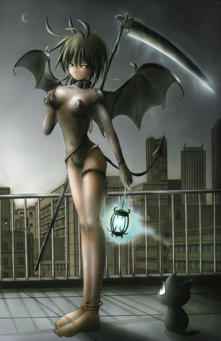 teisuke, artist request, character request, source request, 1girl, anklet, antenna hair, bad anatomy, bad feet, barefoot, bat wings, breasts, cat, chain, city, collar, demon girl, feet, female focus, green eyes, green hair, jewelry, lantern, long legs, matching hair/eyes, medium breasts, moon, navel, nipples, poorly drawn, scythe, see-through clothes, shadow, solo, tail, wings