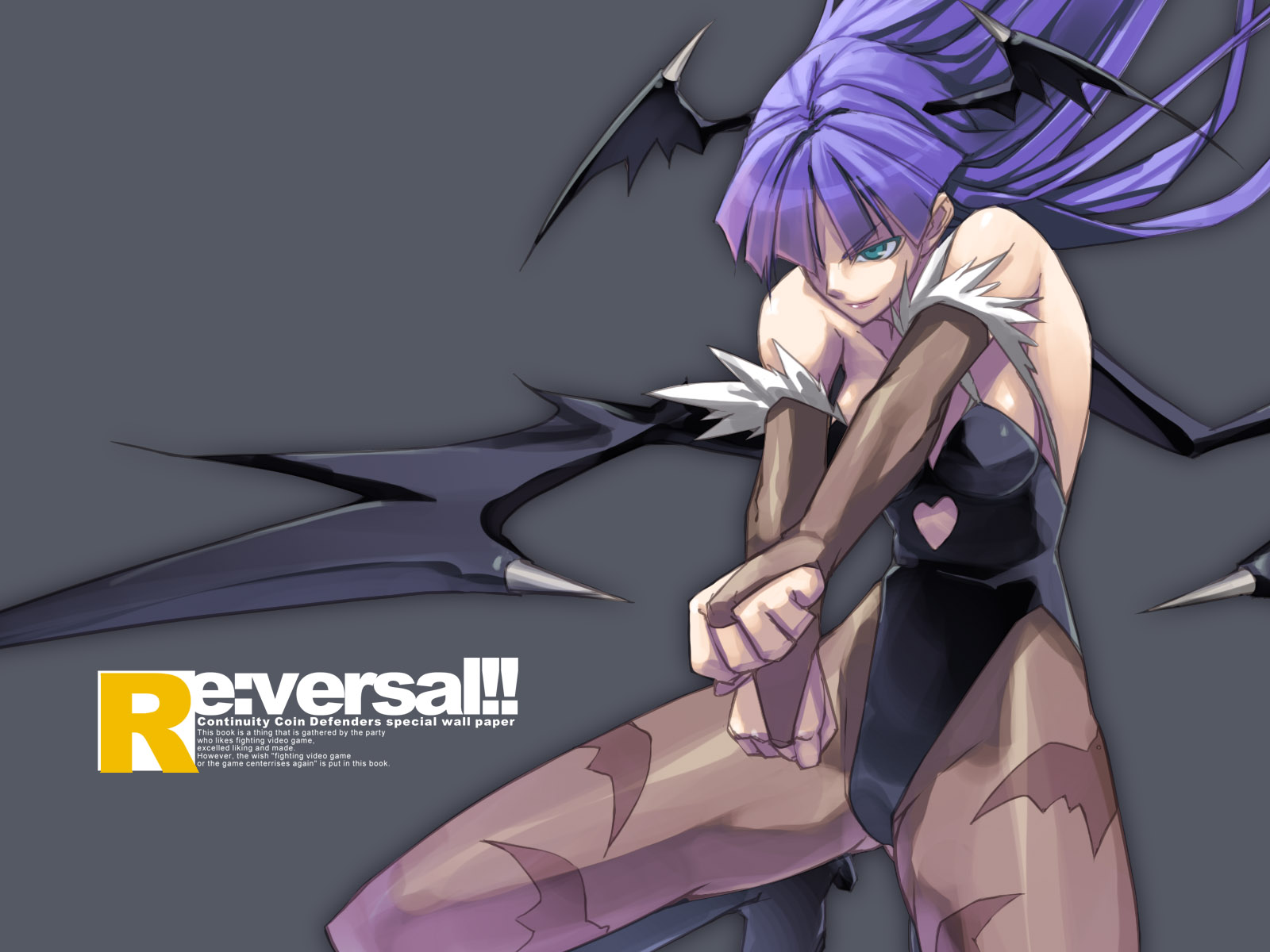 shingo (missing link), morrigan aensland, capcom, darkstalkers, re:versal!!, highres, 1girl, animal print, bat print, demon girl, english text, engrish text, female focus, head wings, long hair, pantyhose, print pantyhose, purple hair, ranguage, solo, wings
