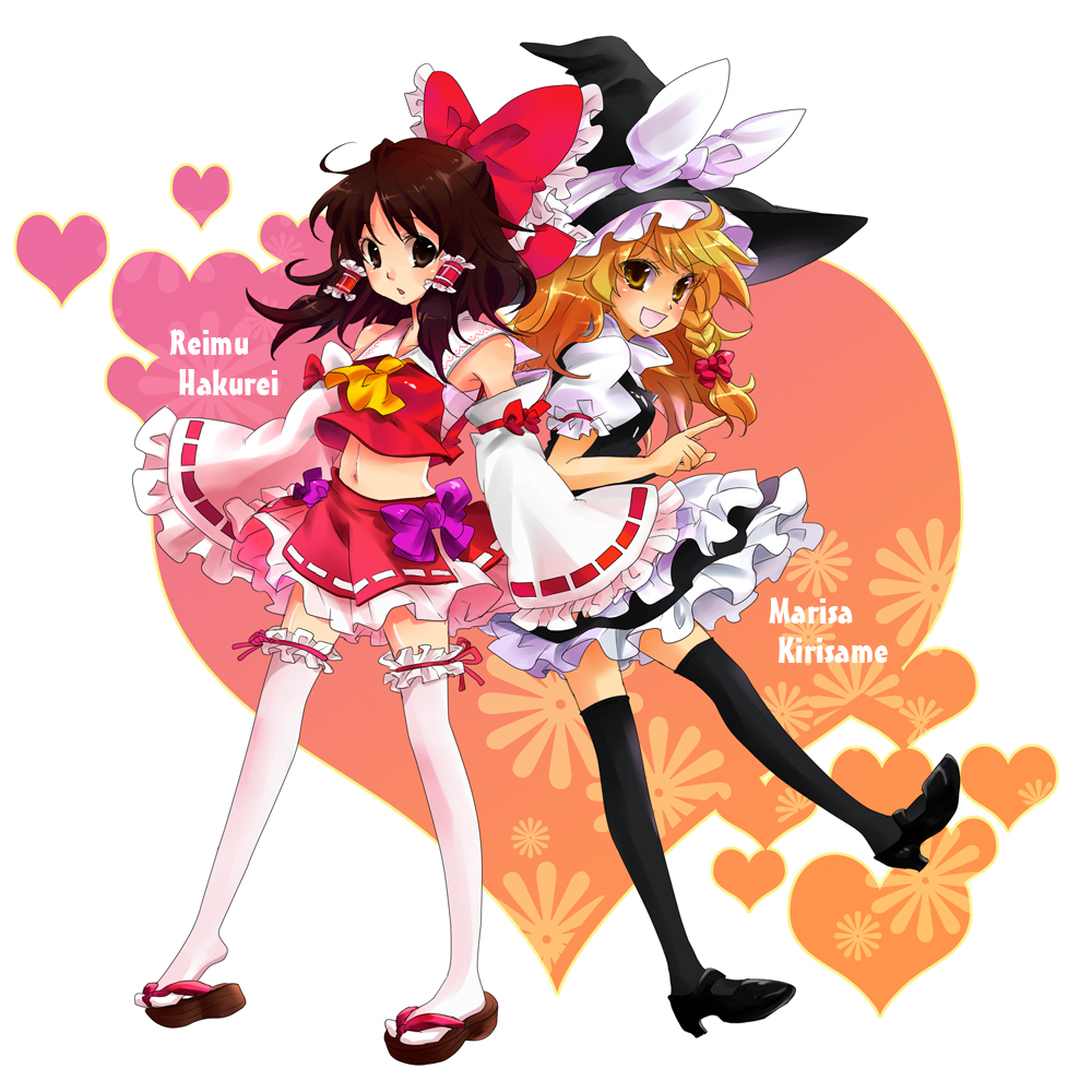 tu2ki, hakurei reimu, kirisame marisa, touhou, frilled legwear, 2girls, blonde hair, braid, brown eyes, brown hair, character name, detached sleeves, female focus, hat, japanese clothes, legs, midriff, miko, multiple girls, navel, sandals, sarashi, short hair, thighhighs, witch, witch hat, yellow eyes
