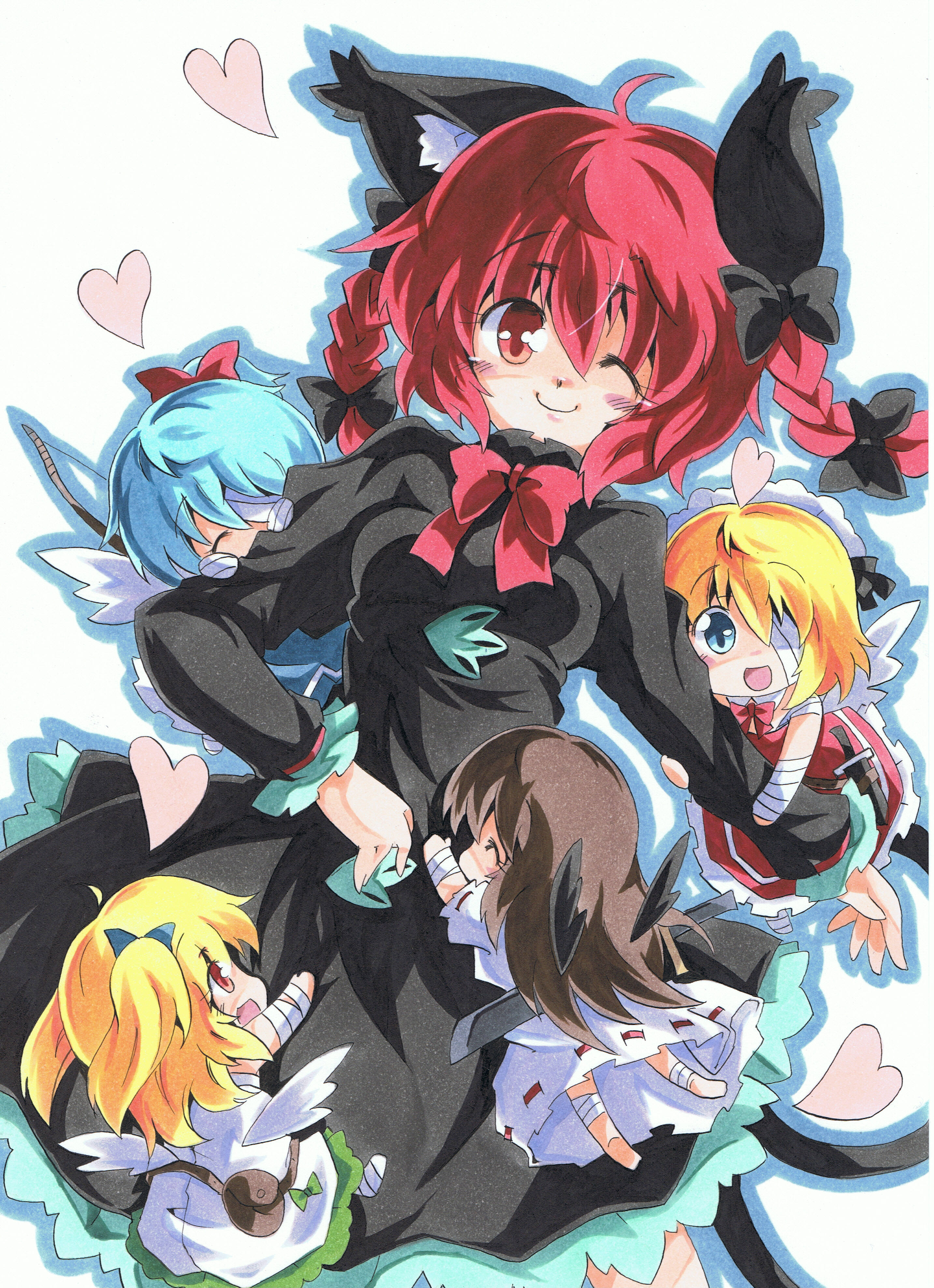 milkpanda, kaenbyou rin, touhou, absurdres, highres, marker (medium), traditional media, 5girls, animal ears, blonde hair, blue eyes, blue hair, blush, braid, brown hair, cat ears, cat girl, cat tail, fairy, female focus, hair ribbon, long hair, multiple girls, red eyes, red hair, ribbon, short hair, simple background, solo, standing, tail, twin braids, twintails, white background, wings