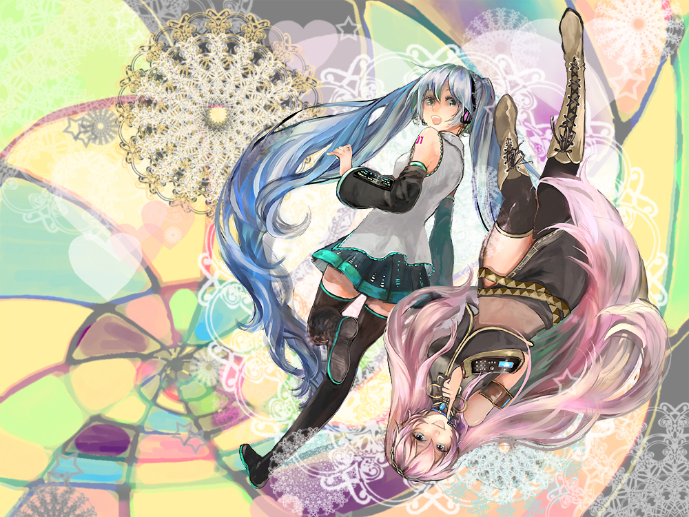 utataneuta, hatsune miku, megurine luka, vocaloid, 2girls, aqua hair, doily, long hair, multiple girls, pink hair, thighhighs, very long hair
