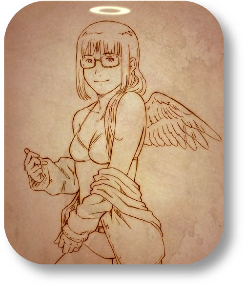 aaru sentou shuudan, kuramori (haibane renmei), haibane renmei, 00s, 1girl, bare shoulders, bikini, breasts, brown theme, cardigan, female focus, glasses, halo, long hair, monochrome, rounded corners, solo, swimsuit, traditional halo, wings
