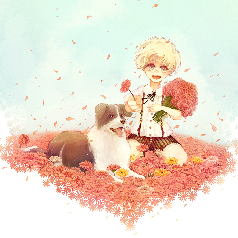 manbou no suiso, original, bad id, bad pixiv id, 1boy, aged down, blonde hair, child, dog, flower, male focus, petals, short hair, shorts, solo