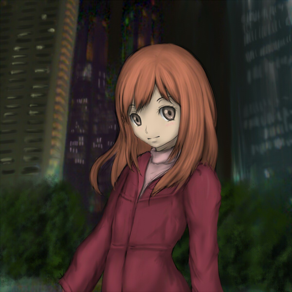 eto ote, morimi saki, higashi no eden, bad id, bad pixiv id, 00s, brown eyes, city, jacket, long hair, red hair, tree, turtleneck