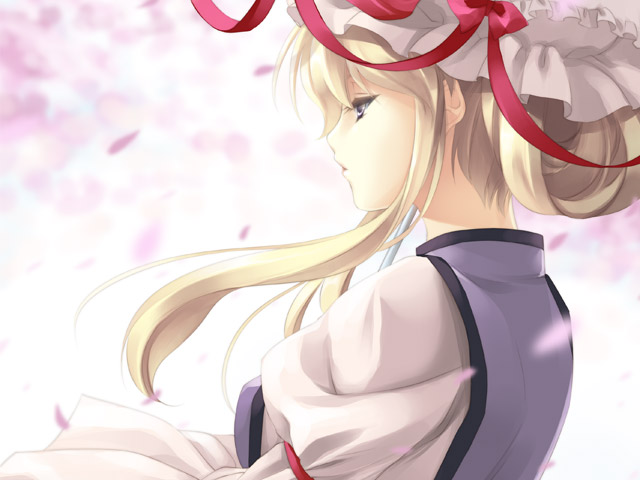 ayase hazuki, yakumo yukari, touhou, 1girl, blonde hair, cherry blossoms, expressionless, female focus, hair up, hat, neck, petals, purple eyes, ribbon, solo, umbrella