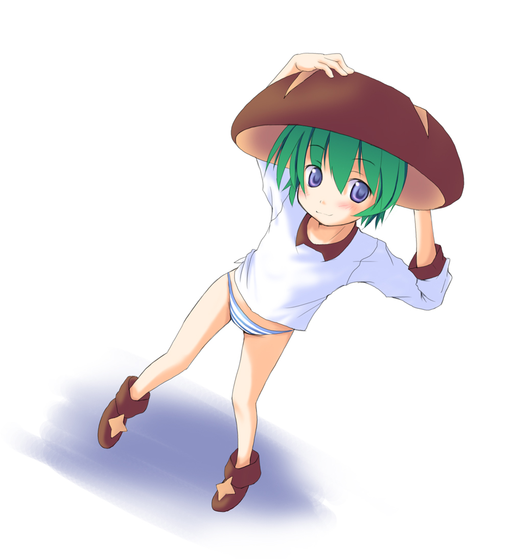 uchida tomohiko, shiitake-chan, 1girl, :3, ankle boots, blush, boots, bottomless, breadhat, dutch angle, female focus, food-themed clothes, full body, green hair, hat, no pants, panties, personification, purple eyes, shirt, short hair, simple background, solo, striped clothes, striped panties, underwear