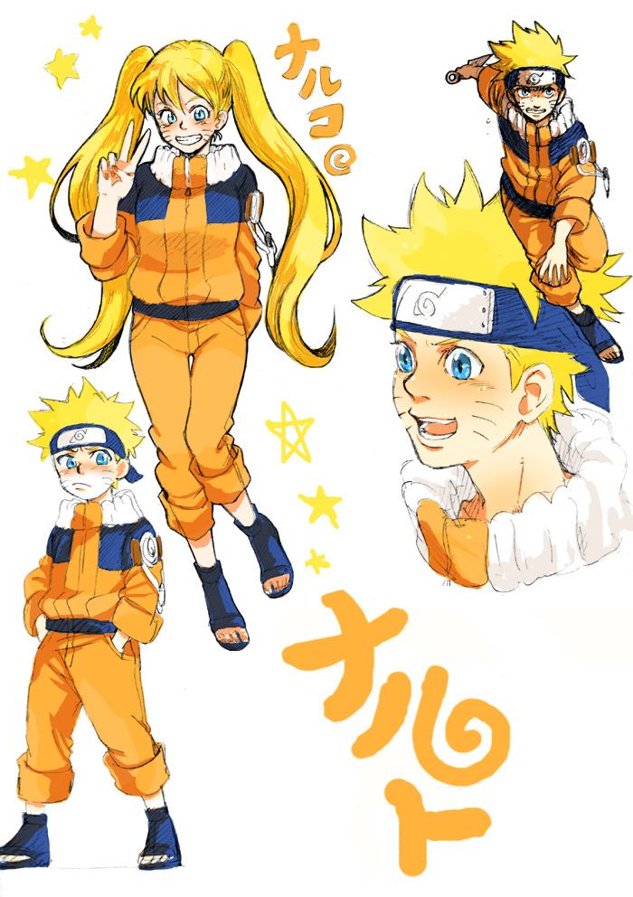 iku, naruko (naruto), uzumaki naruto, naruto (classic), naruto (series), katakana, bad id, bad pixiv id, 1boy, 1girl, arm behind back, blonde hair, blue eyes, blue jacket, blush, breasts, character name, clenched teeth, closed mouth, determined, dual persona, facial mark, facing viewer, fighting stance, forehead protector, full body, genderswap, genderswap (mtf), grin, hand up, hands in pockets, happy, headband, holding, holding knife, holding weapon, jacket, japanese text, knife, konohagakure symbol, kunai, long hair, long sleeves, looking at viewer, looking to the side, medium breasts, multicolored jacket, multiple views, ninja, open mouth, orange jacket, orange pants, pants, parted lips, sandals, serious, short hair, simple background, sleeves rolled up, smile, standing, star (symbol), teeth, tongue, twintails, v, very long hair, weapon, whisker markings, whiskers, white background, white jacket