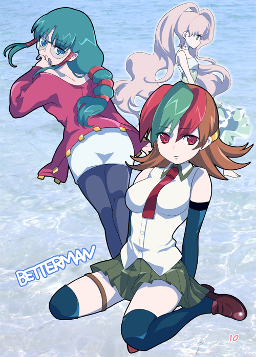 takayama mizuki, akamatsu sakura, asami miyako, sai hinoki, betterman, 1990s (style), 3girls, blue eyes, brown hair, colored bangs, dress, glasses, green hair, hair tubes, long hair, multicolored hair, multiple girls, necktie, pantyhose, pink hair, red eyes, red hair, retro artstyle, school uniform, shoes, sitting, square-end necktie, thigh strap, thighhighs, very long hair, wariza, wavy hair