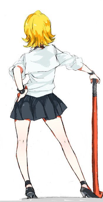iku, onizuka hime, sket dance, bad id, bad pixiv id, 1girl, back, blonde hair, blush, body blush, choker, female focus, from behind, full body, hand on own hip, high heels, hip focus, hockey stick, pleated skirt, school uniform, shoes, short hair, skirt, sleeves rolled up, solo, standing, white background, wristband