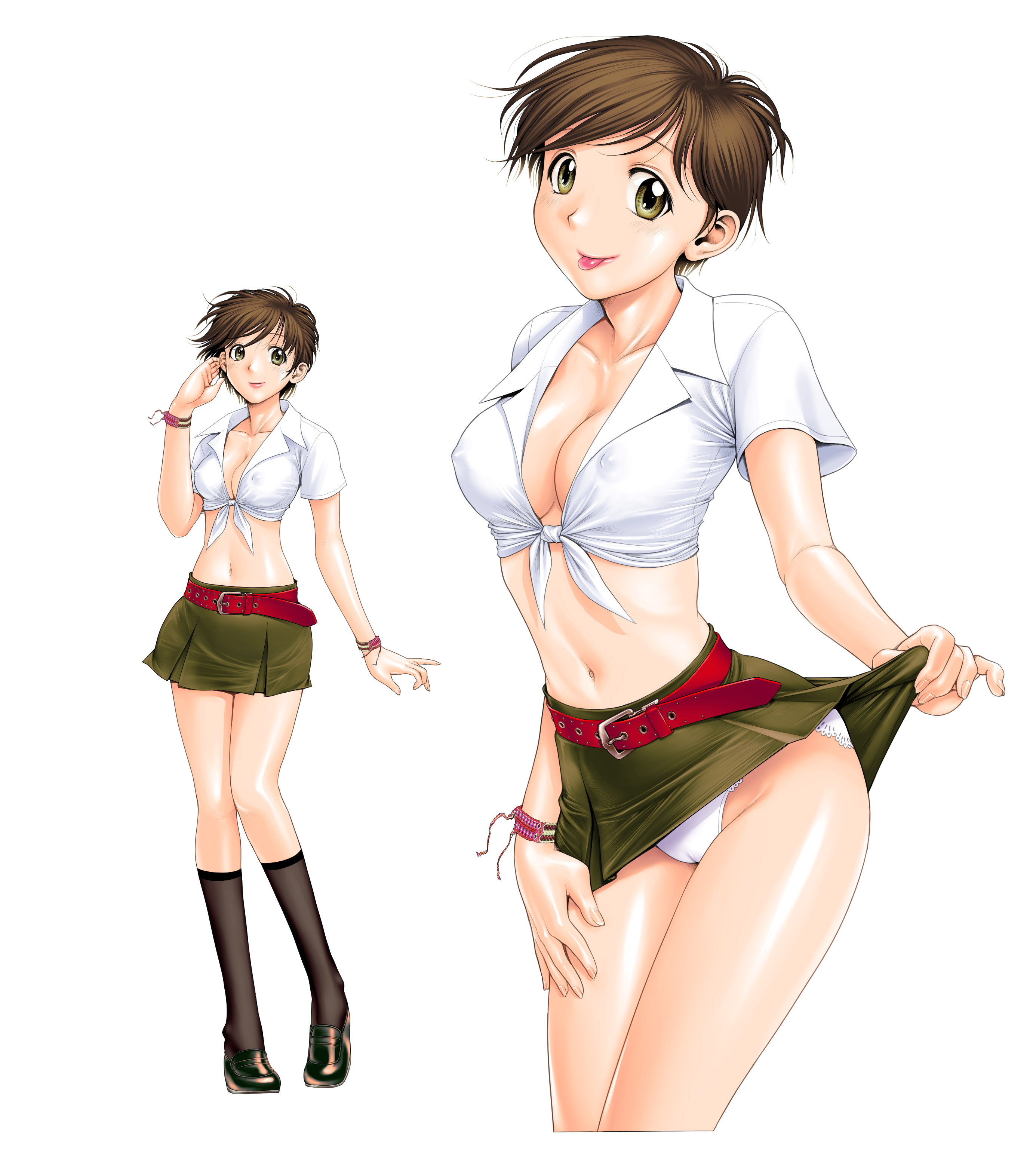 okano hajime, original, absurdres, highres, 1girl, :p, bad anatomy, bad hands, belt, breasts, brown eyes, brown hair, cameltoe, cleavage, clothes lift, covered erect nipples, front-tie top, hip focus, kneehighs, lace, lace-trimmed panties, lace trim, large breasts, loafers, midriff, miniskirt, navel, panties, pantyshot, pinky out, shiny skin, shirt, shoes, simple background, skirt, skirt lift, socks, tied shirt, tongue, tongue out, underwear, upskirt, white panties, wide hips, wristband