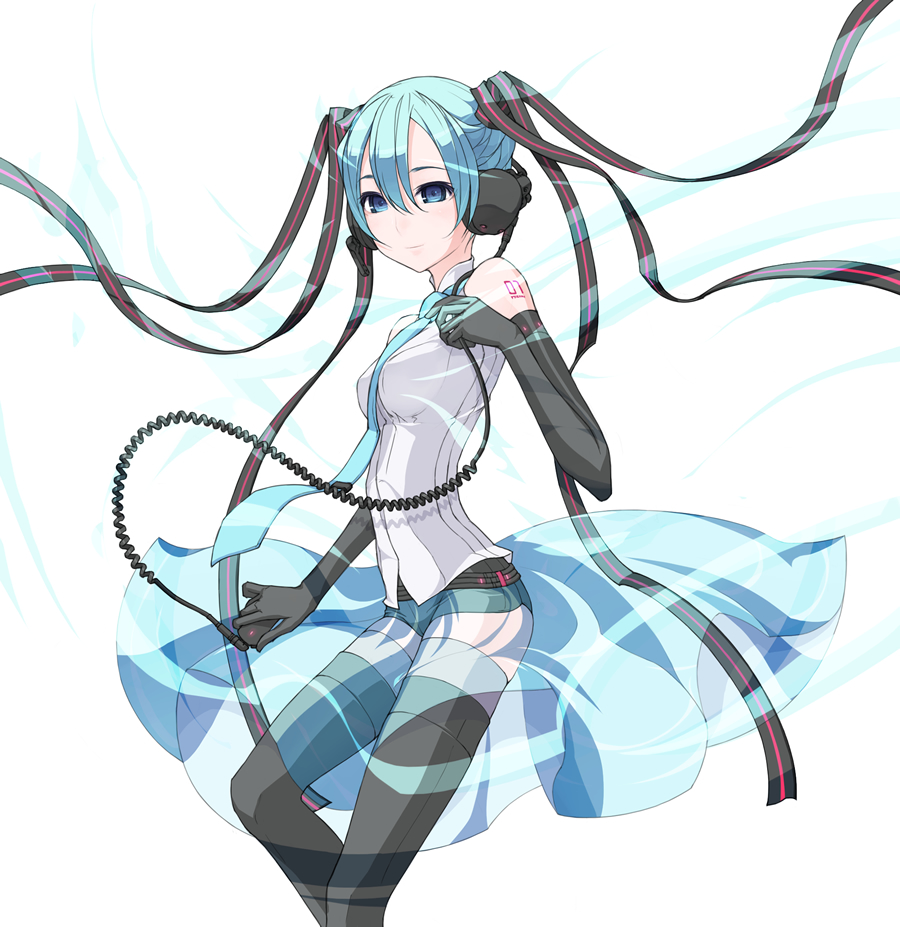 kazuoki, hatsune miku, vocaloid, 1girl, adapted costume, alternate costume, aqua hair, belt, black gloves, black thighhighs, cable, closed mouth, collared shirt, female focus, gloves, hair between eyes, hair ornament, hair ribbon, headphones, headset, holding, holding microphone, microphone, necktie, overskirt, ribbon, see-through clothes, shirt, short shorts, shorts, sleeveless, sleeveless shirt, solo, tattoo, thighhighs, white background