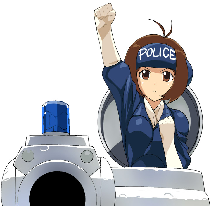 a1 (initial-g), hidaka ai, leona ozaki, dominion (manga), dominion tank police, idolmaster, vehicle, >:(, 1girl, antenna hair, arm up, brown eyes, brown hair, clenched hand, clenched hands, cosplay, elbow gloves, female focus, frown, gloves, headphones, leona ozaki (cosplay), leona ozeki, leona ozeki (cosplay), looking at viewer, military, military vehicle, motor vehicle, parody, police, police uniform, policewoman, raised fist, serious, short hair, simple background, solo, tank, upper body, v-shaped eyebrows, white background