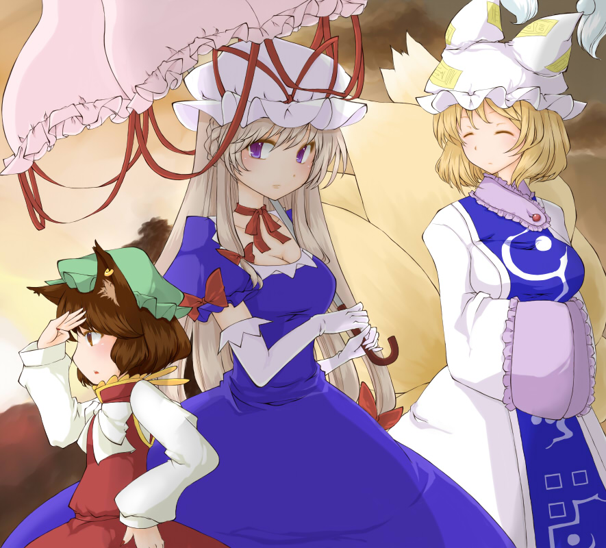 nishino miyuki, chen, yakumo ran, yakumo yukari, touhou, bad id, bad pixiv id, 3girls, animal ears, animal hat, blonde hair, brown hair, cat ears, cat girl, cat tail, closed eyes, earrings, elbow gloves, female focus, fox tail, gloves, hat, jewelry, long hair, long sleeves, mob cap, multiple girls, multiple tails, puffy short sleeves, puffy sleeves, purple eyes, short hair, short sleeves, tail, tassel, umbrella, white gloves, wide sleeves