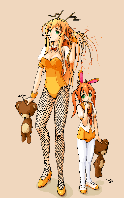 yuuki (silent moon), analoguma, chidejika, japan commercial broadcasters association, 2girls, animal ears, antennae, bear, blonde hair, bow, bowtie, breasts, child, cleavage, fake animal ears, finger to mouth, fishnet pantyhose, fishnets, green eyes, high heels, large breasts, long hair, mary janes, mascot, multiple girls, no pants, old school swimsuit, one-piece swimsuit, orange hair, pantyhose, pantyhose under swimsuit, pixel art, playboy bunny, playboy bunny swimsuit, pointy ears, rabbit ears, school swimsuit, school uniform, serafuku, shoes, simple background, stuffed animal, stuffed toy, swimsuit, swimsuit under clothes, teddy bear, twintails, uwabaki, white pantyhose, wrist cuffs