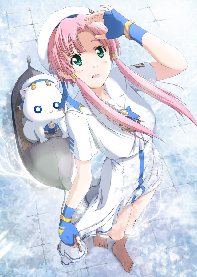 eviryun, aria pokoteng, mizunashi akari, aria (manga), 00s, barefoot, beret, blouse, blush, bracelet, cat, fingerless gloves, gloves, gondola, green eyes, hat, jewelry, looking up, pink hair, ripples, shirt, short hair with long locks, smile, solo, twintails, wading, water, white shirt