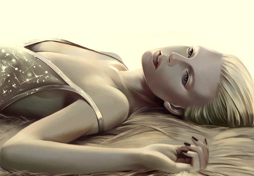 itori (clarice note), original, 1girl, android, bare shoulders, black nails, blonde hair, breasts, cleavage, female focus, lips, lying, nail polish, on back, small breasts, solo