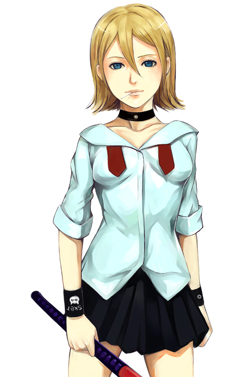 itori (clarice note), onizuka hime, sket dance, 1girl, armband, blonde hair, blue eyes, candy, choker, cigarette, collarbone, female focus, food, hockey stick, lips, lollipop, looking at viewer, mouth hold, pleated skirt, school uniform, short hair, skirt, sleeves rolled up, solo, white background, wristband