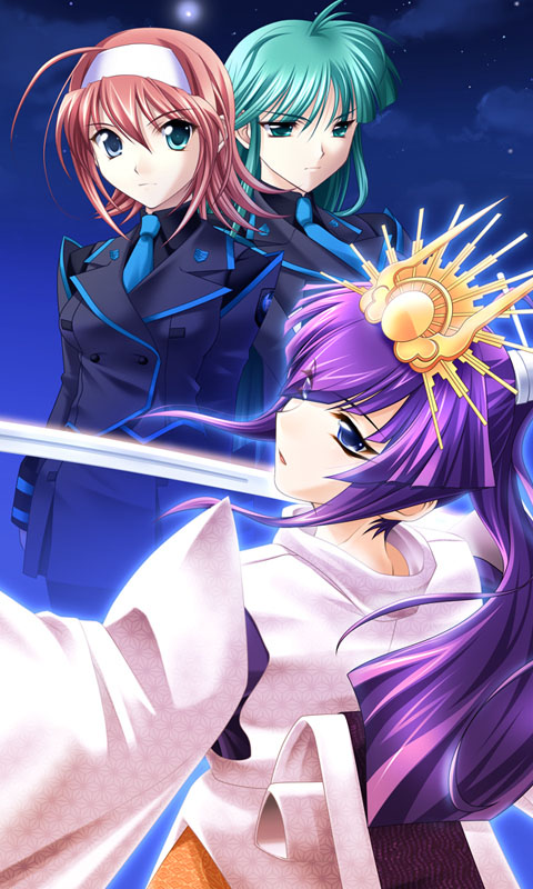 aizawa kotarou, koubuin yuuhi, suzumiya akane, tsukuyomi mana, muv-luv, muv-luv alternative, 3girls, blue eyes, green eyes, green hair, hairband, japanese clothes, katana, multiple girls, ponytail, purple hair, red hair, school uniform, sword, weapon