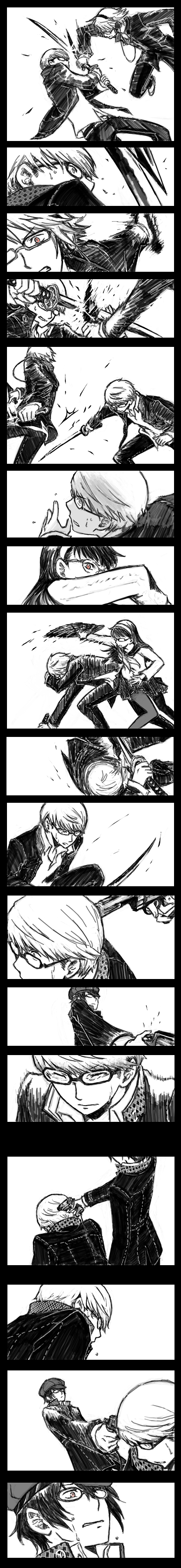 magi12, shirogane (platinum), amagi yukiko, hanamura yousuke, narukami yu, shirogane naoto, atlus, persona, persona 4, absurdres, bad id, bad pixiv id, highres, long image, tall image, 2boys, 2girls, androgynous, angry, battle, comic, fighting stance, glasses, greyscale, gun, gun to head, hand fan, handgun, hat, headphones, holding, holding gun, holding weapon, katana, kunai, mind control, monochrome, multiple boys, multiple girls, newsboy cap, red eyes, revolver, school uniform, short hair, silent comic, skirt, spot color, sweatdrop, sword, tears, weapon