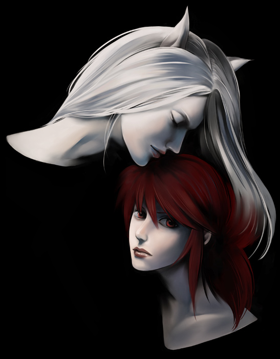 itori (clarice note), kurama (yu yu hakusho), youko kurama, yuu yuu hakusho, 2boys, animal ears, dual persona, fox ears, long hair, male focus, multiple boys, red eyes, red hair, simple background, white hair