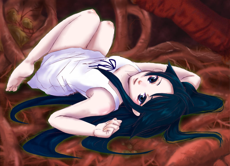 tsukito, saya (saya no uta), saya no uta, 1girl, barefoot, dress, female focus, green eyes, green hair, matching hair/eyes, smile, solo