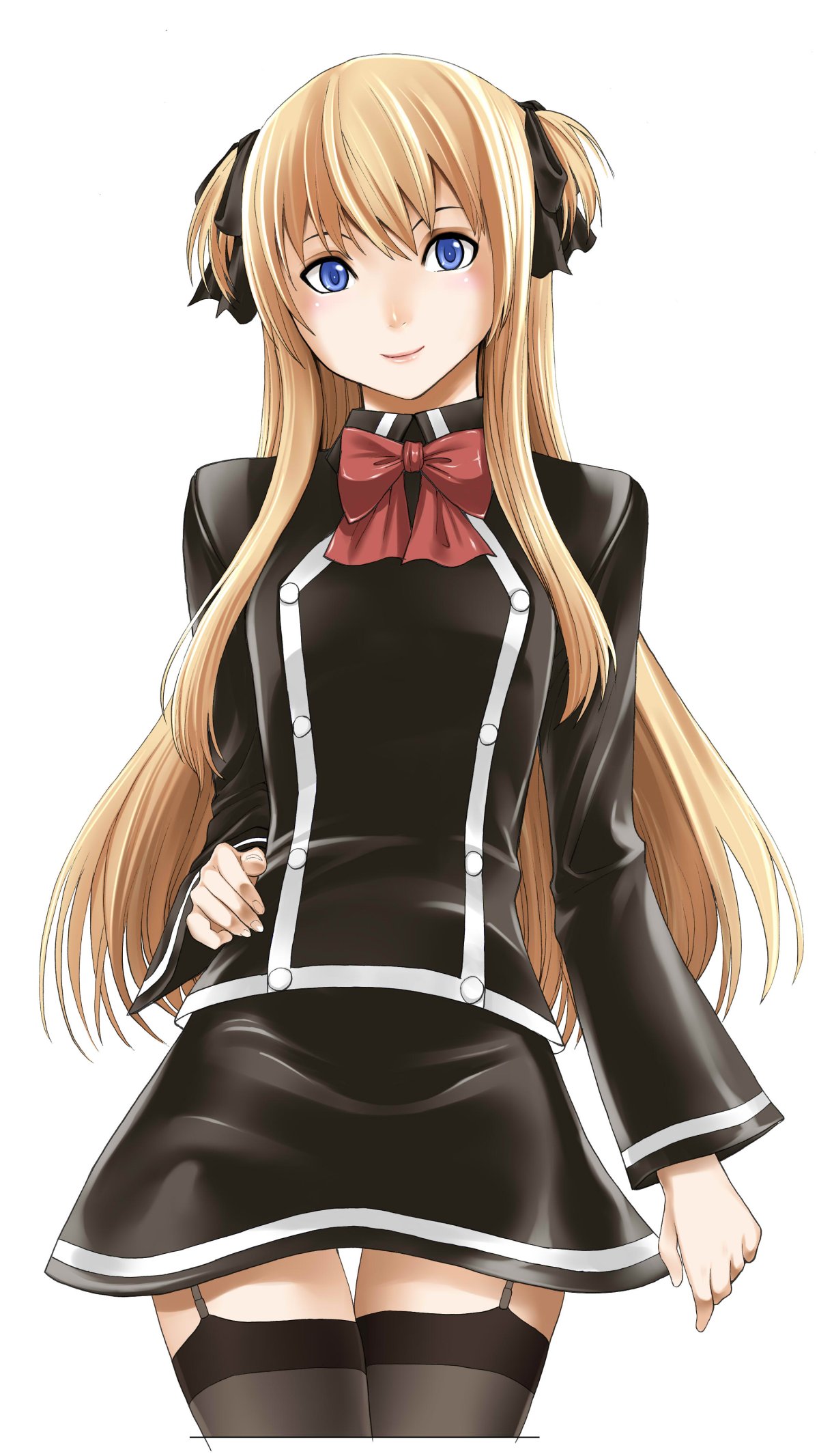 hakaba (dairiseki), shalon, quiz magic academy, highres, 1girl, blonde hair, blue eyes, bow, female focus, garter belt, hair bow, hand on own hip, hands on own hips, hip focus, long hair, skirt, smile, solo, thighhighs, zettai ryouiki