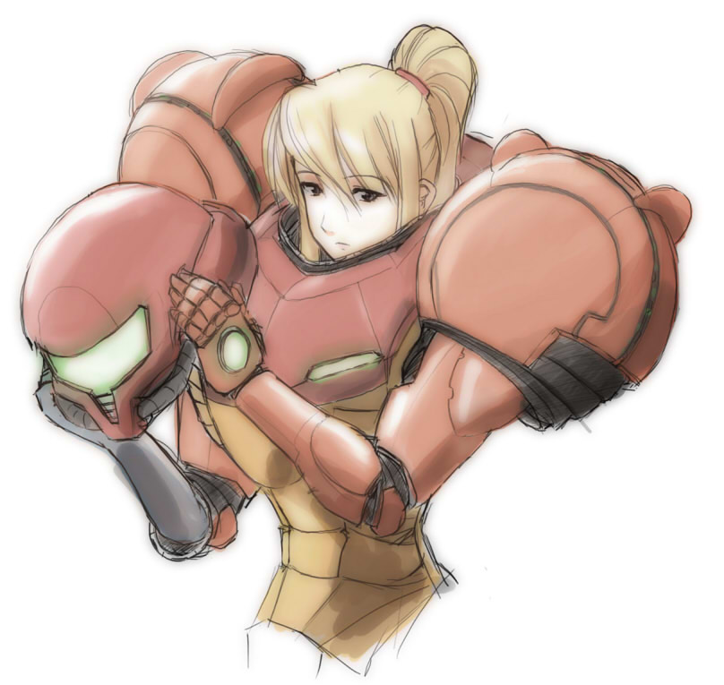 sai hate, samus aran, metroid, nintendo, 1girl, armor, blonde hair, brown eyes, female focus, helmet, long hair, ponytail, power armor, power suit (metroid), solo, varia suit