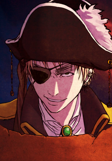 yuruya, yuruya (emlot), united kingdom (hetalia), axis powers hetalia, death note, eyebrows, bad id, bad pixiv id, 1boy, bicorne, blonde hair, ear piercing, eyepatch, grin, hat, just as planned (meme), male focus, map, meme, parody, piercing, pirate, pirate hat, smile, solo
