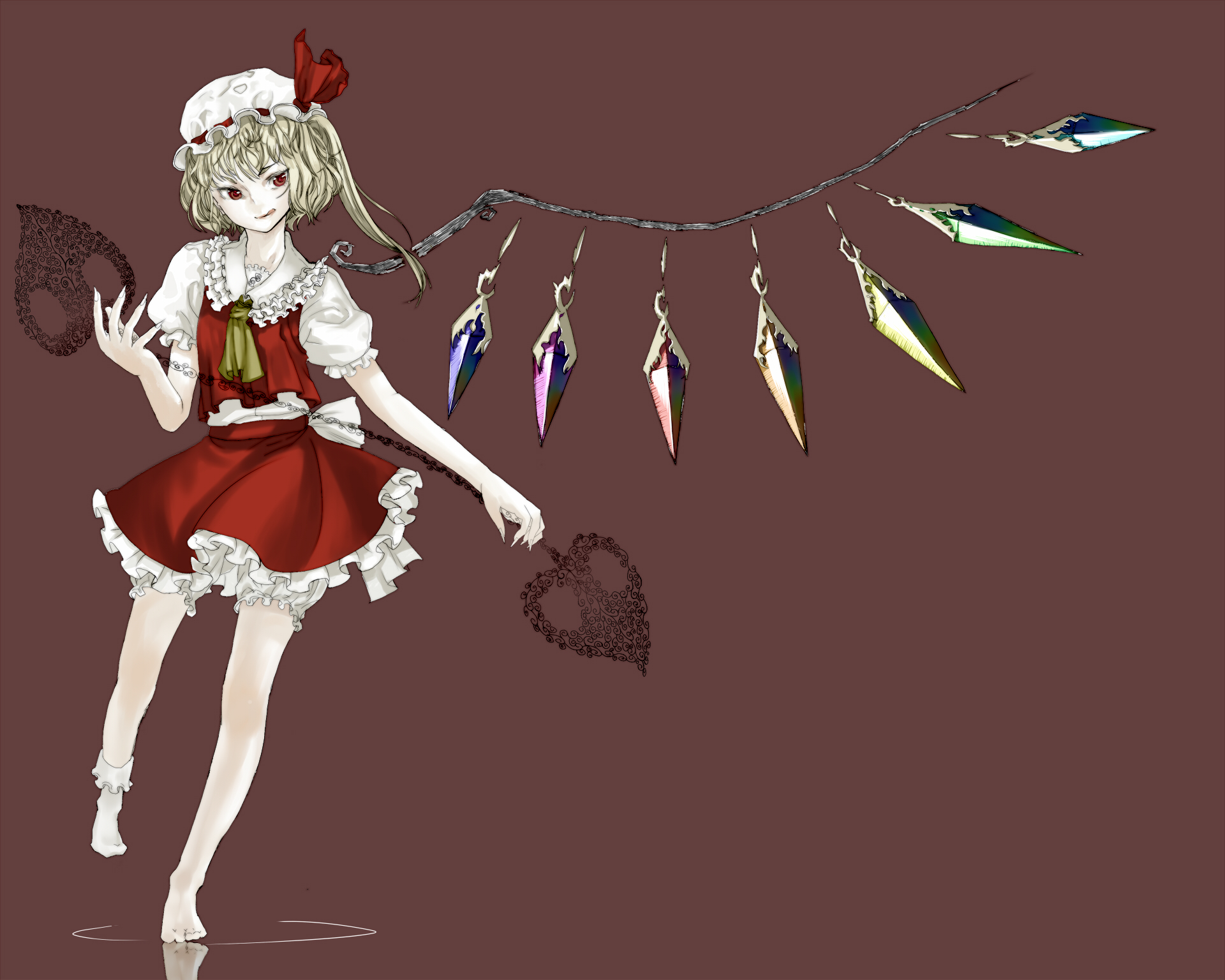 suzuki ritsu, flandre scarlet, embodiment of scarlet devil, touhou, highres, 1girl, barefoot, blonde hair, blouse, brown background, collared shirt, female focus, hat, head tilt, laevatein, mob cap, red eyes, shirt, single sock, socks, solo, white hat, white shirt, white socks, wings