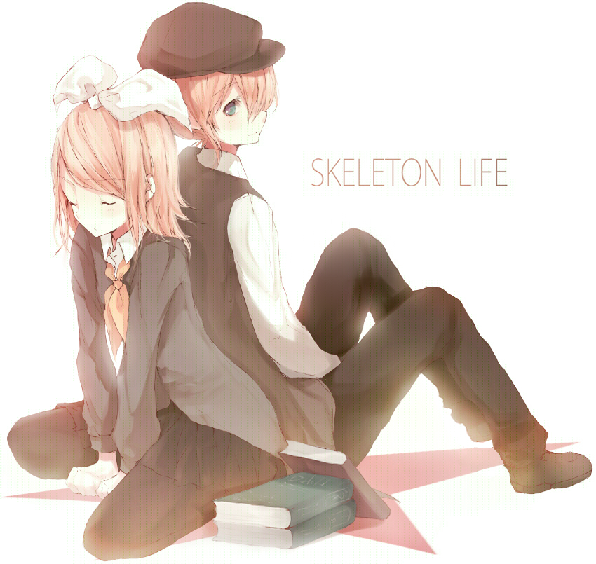 tetsuo (tashirosu), kagamine len, kagamine rin, skeleton life (vocaloid), vocaloid, bad id, bad pixiv id, 1boy, 1girl, blonde hair, book, brother and sister, hat, newsboy cap, pantyhose, siblings, twins