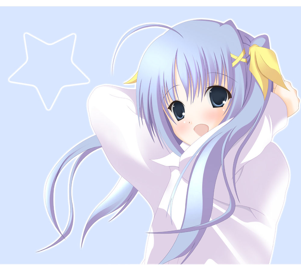 takanashi, reinforce, reinforce zwei, lyrical nanoha, mahou shoujo lyrical nanoha, mahou shoujo lyrical nanoha a's, mahou shoujo lyrical nanoha strikers, 00s, 1girl, :d, ahoge, arms behind head, blue background, blue eyes, blue hair, blush, female focus, hair ornament, hair ribbon, long hair, matching hair/eyes, open mouth, ribbon, smile, solo, star (symbol), twintails, x hair ornament