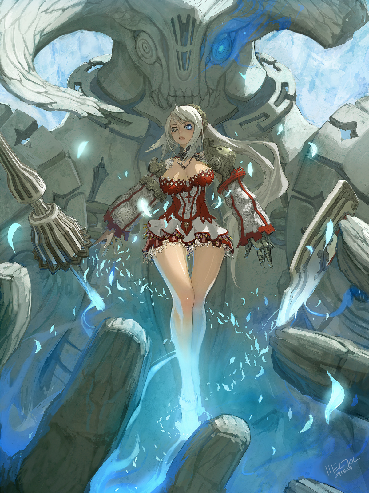weltol, original, pixiv fantasia, pixiv fantasia 3, bad id, bad pixiv id, highres, 1girl, armor, breasts, brown eyes, dress, fantasy, female focus, giant, gigandal federation, glowing, glowing eye, glowing eyes, heterochromia, hip focus, jewelry, lance, large breasts, legs, lips, long hair, magic, necklace, polearm, solo, spear, statue, thigh gap, weapon, white hair, wide hips
