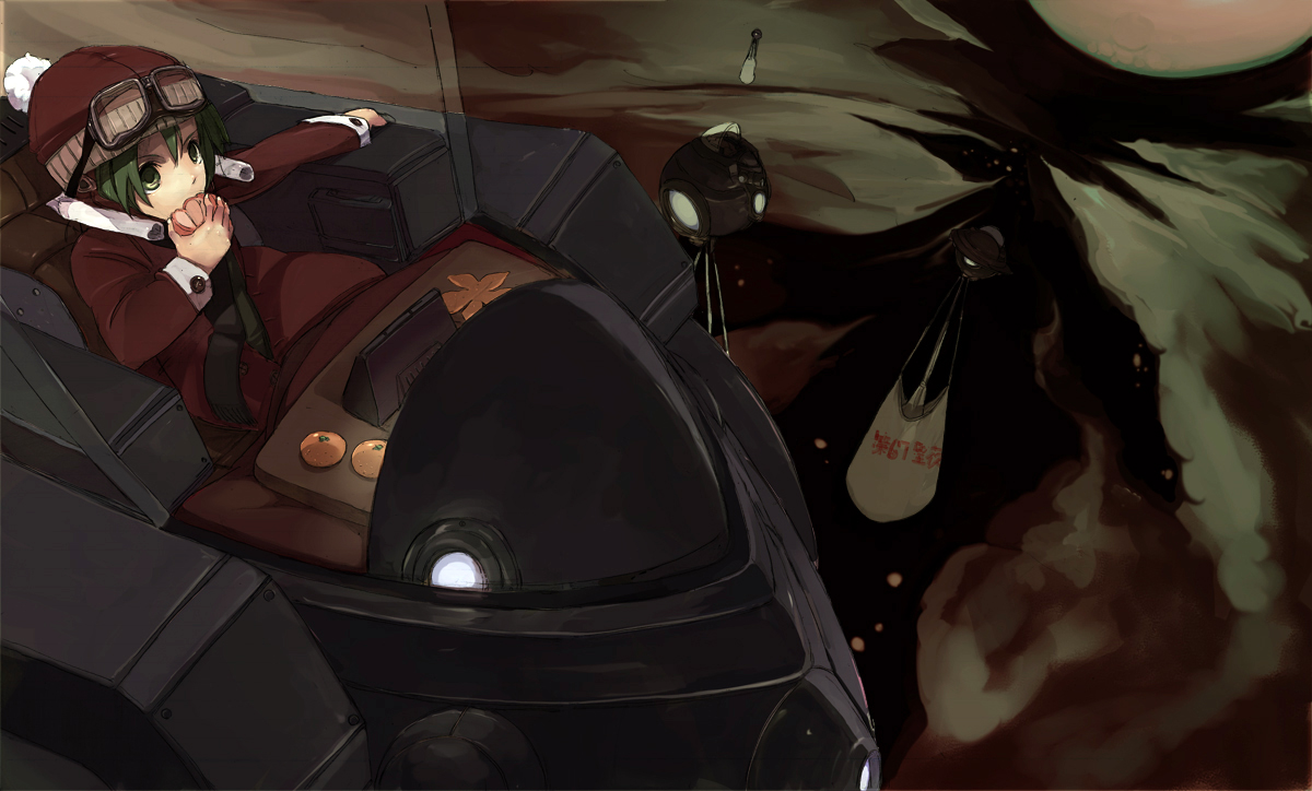 asano, asano (asano4124), gender request, androgynous, eating, food, fruit, goggles, green eyes, green hair, mandarin orange, matching hair/eyes, solo