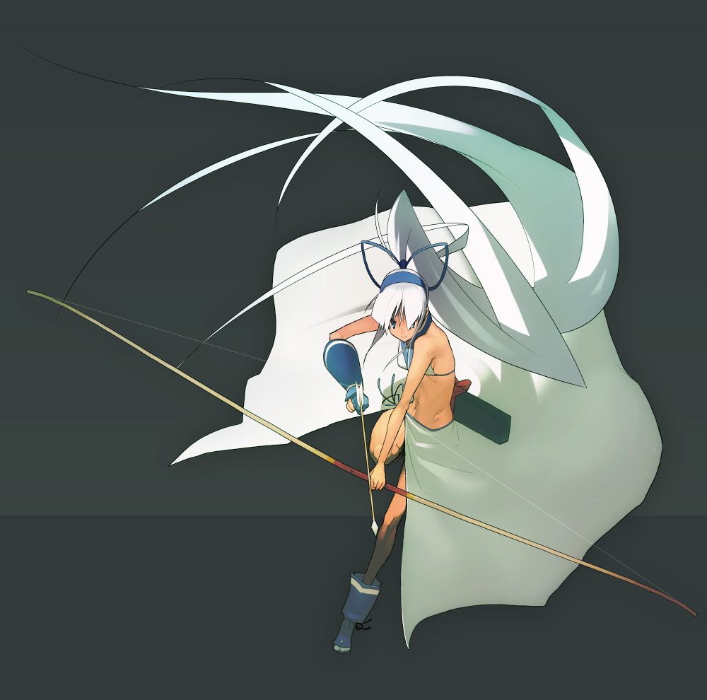 kusaka kokage, majikina mina, samurai spirits, snk, bad id, bad pixiv id, 1girl, boots, bow (weapon), drawing bow, female focus, holding, holding bow (weapon), holding weapon, ponytail, solo, weapon, white hair