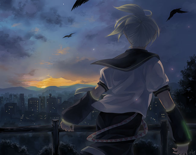 rakuze moyu, kagamine len, vocaloid, 1boy, cityscape, male focus, sky, solo, star (sky), star (symbol), starry sky, sunset
